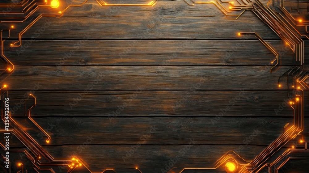 Poster wood plank texture with embedded luminous circuit patterns, leaving blank spaces background wallpape