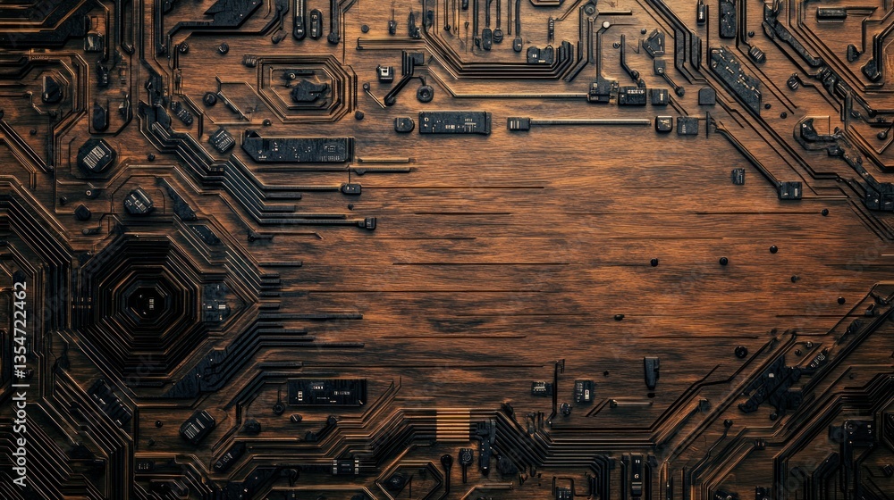 Poster cyberpunk style wood surface featuring embedded technology-inspired patterns, with blank sections ba