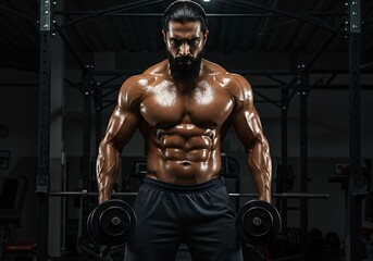 Muscular Man Lifting Dumbbells in a Dark Gym. Generative Ai