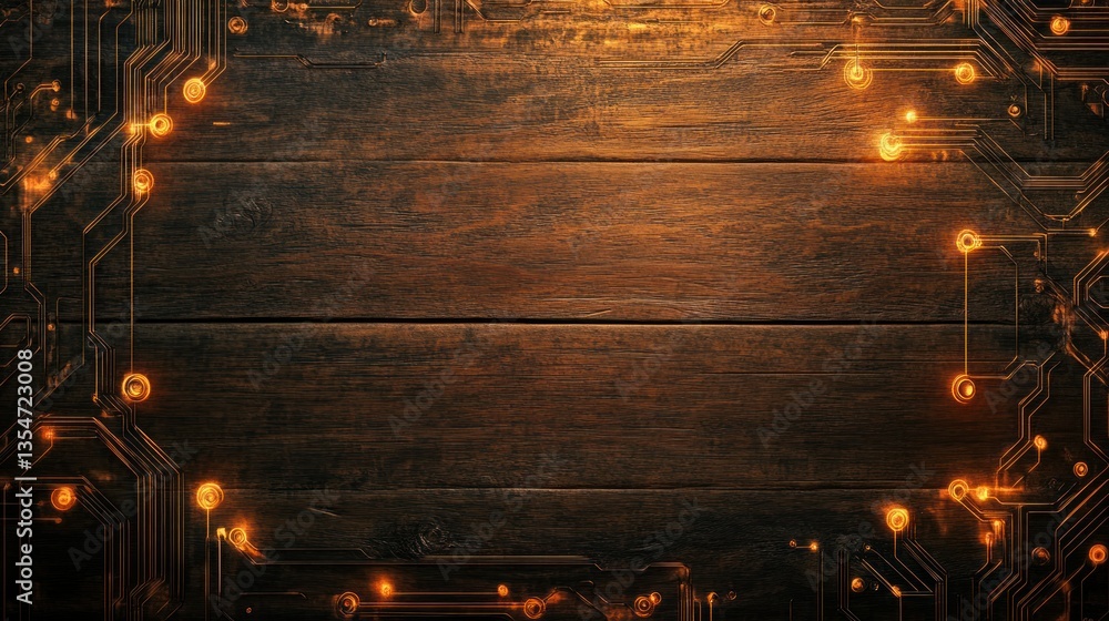 Poster wood plank texture with embedded luminous circuit patterns, leaving blank spaces background wallpape
