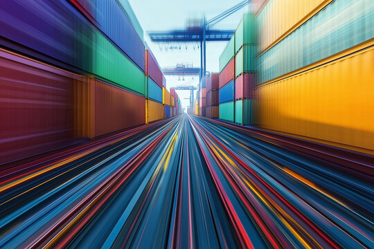 Dynamic abstract view of colorful shipping containers in port, showcasing global trade and commerce. vibrant colors and motion evoke sense of speed and efficiency