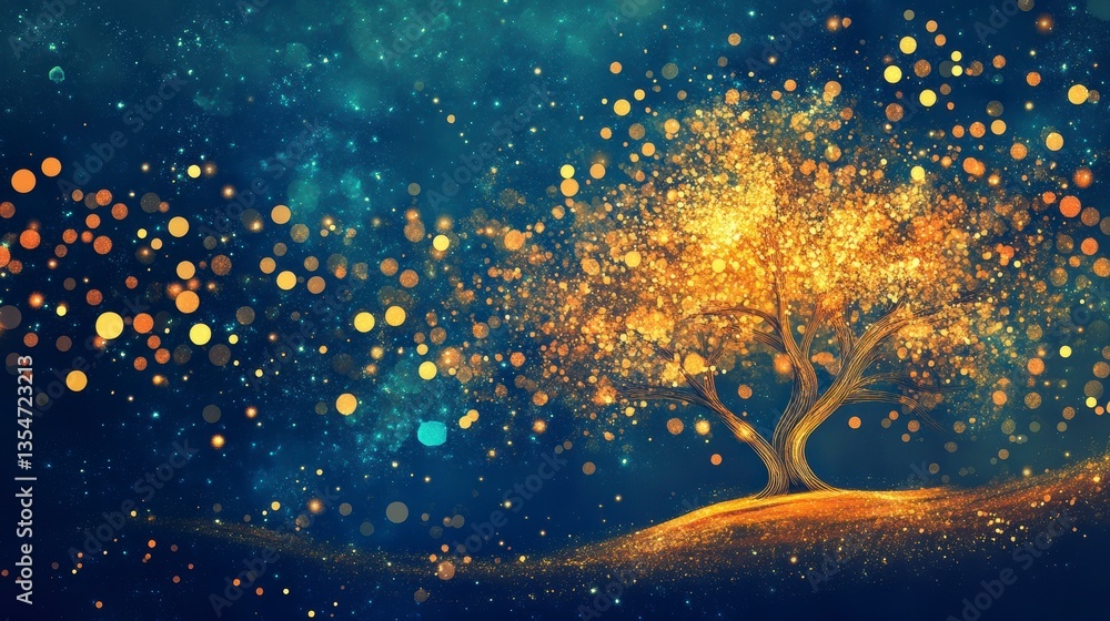 Poster Glowing tree with sparkling lights at night.