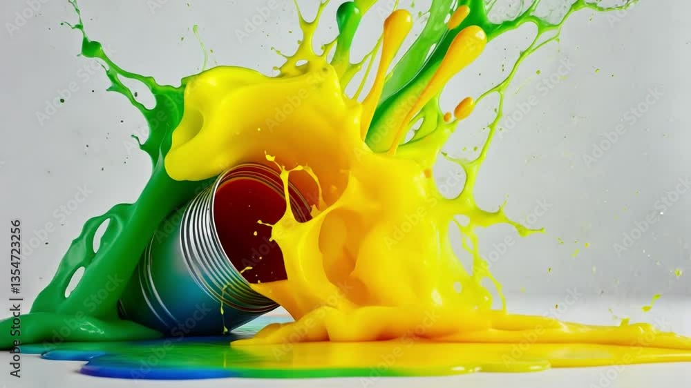Poster vibrant paint splashing from open can creating colorful stream on white background for artistic and 