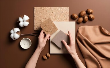 Natural Material Flat Lay with Textured Cork, Soft Gray Fabric, Cotton Bolls, Speckled Ceramic Bowl, Walnuts, Warm Fabric Drape, Rich Brown Background, Design Material Selection