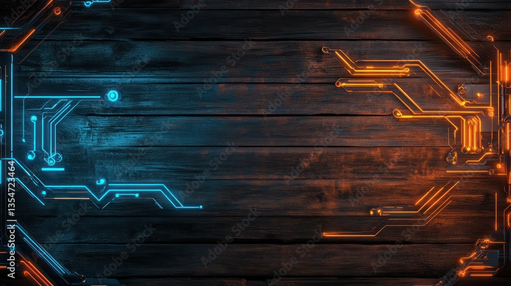 Poster rough wooden background with embedded neon lighted circuit lines, leaving a blank section for the mo