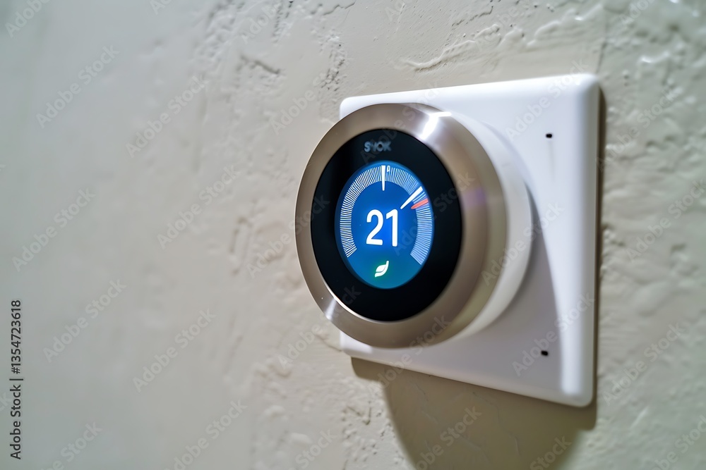 Poster a stylish smart thermostat mounted on a wall, with a clean digital interface showing current tempera