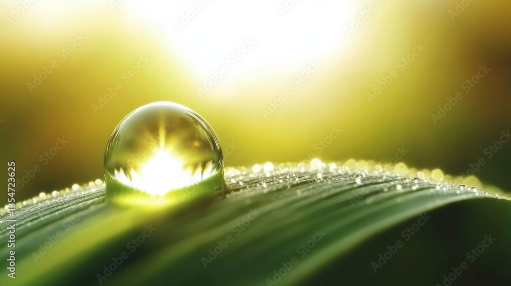 Aufkleber Close-up macro shot of a dewdrop on a fresh green wheat leaf with soft lighting and vibrant reflections in a serene natural setting