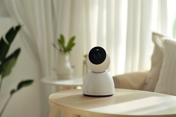 A stylish wireless security camera system with sleek, modern design, positioned in a well-lit room
