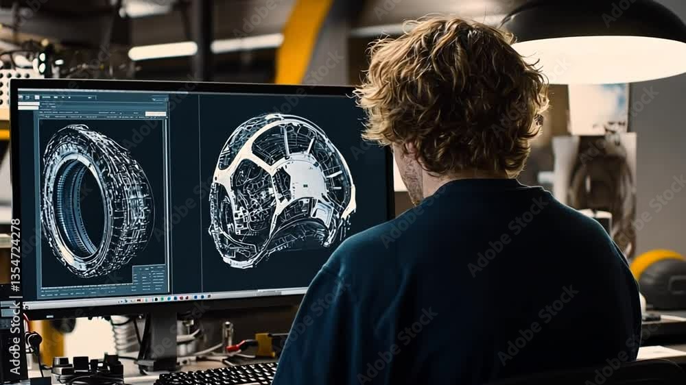 Poster engineer utilizing cad software to design in modern workspace generative ai