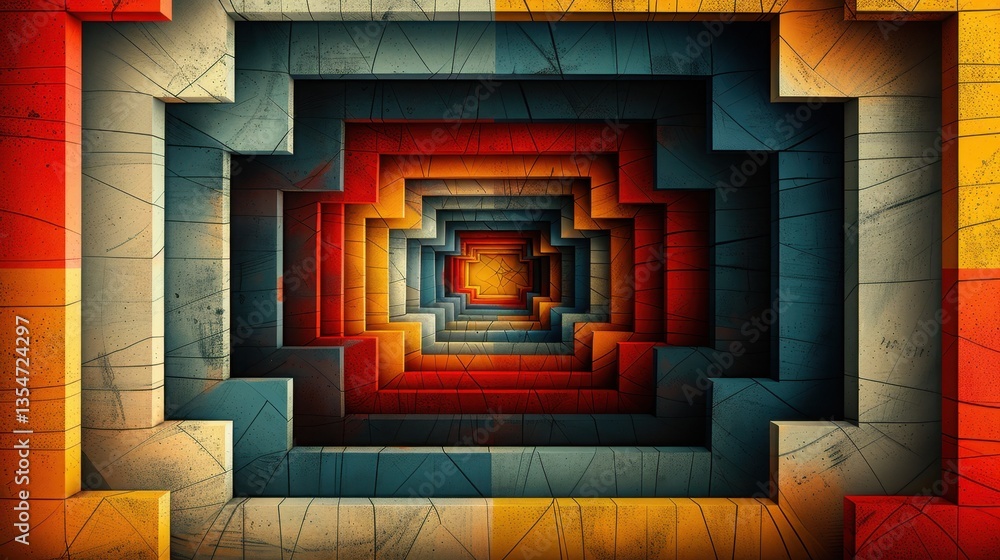 Poster abstract geometric tunnel with vivid colors and layered patterns in a symmetrical design