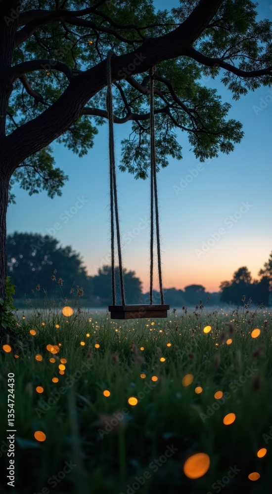 Poster swing is hanging from a tree in a field at dusk. the swing is empty and the sky is a beautiful blue