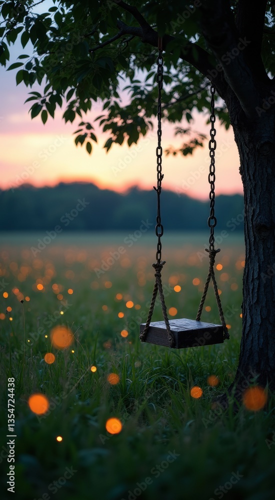 Aufkleber swing is hanging from a tree in a field. the swing is empty and the sky is orange and pink