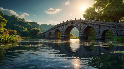 Fototapeta premium an arched stone bridge with traditional carvings crossing a clear river illustration