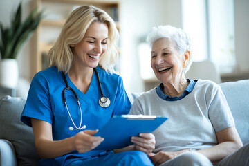 happy nurse in blue scrubs shares joyful moment with elderly patient, both smiling and enjoying their time together in cozy setting. atmosphere is warm and caring