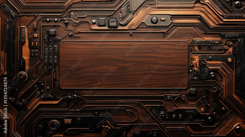 Poster cyberpunk style wood surface featuring embedded technology-inspired patterns, with blank sections ba