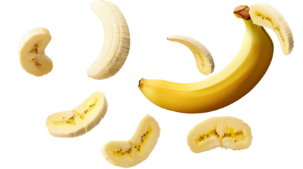 "Banana Slices: Freshly sliced bananas and peel in mid-air, inviting the viewer to appreciate the simple beauty of healthy food, offering a burst of flavor and natural sweetness.