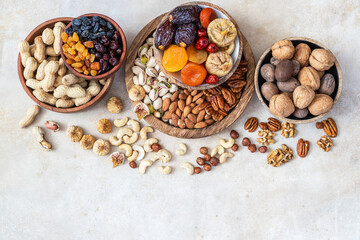 Nuts and dried fruit mix, healthy and wholesome food.