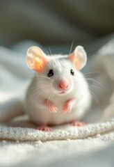 Adorable white mouse with pink ears resting on soft fabric