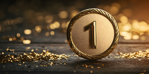 Golden number 1 is flying with golden confetti, gifts, mirror ball and stars balloons on a beige background with bokeh lights and sparks, creative idea. Winner and first place, concept.	
