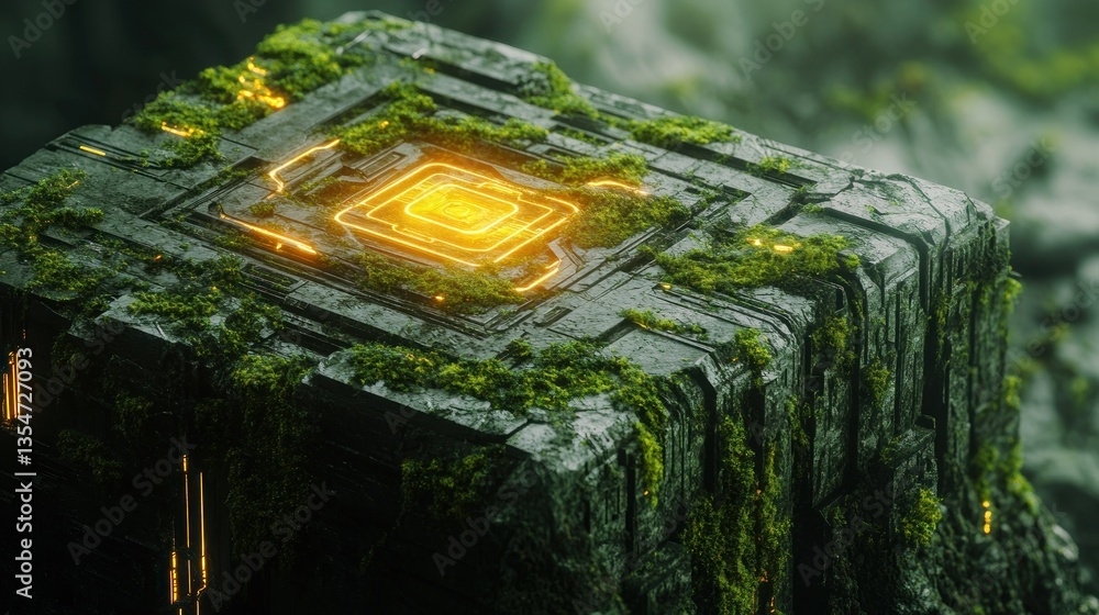 Poster moss with intricate cyber technology lines glows faintly, combining nature and technology background