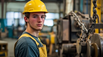 Worker with safety helmet standing by heavy industrial machinery