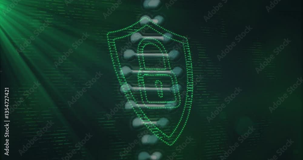 Poster animation of digital lock and shield icon over binary code with green light effects
