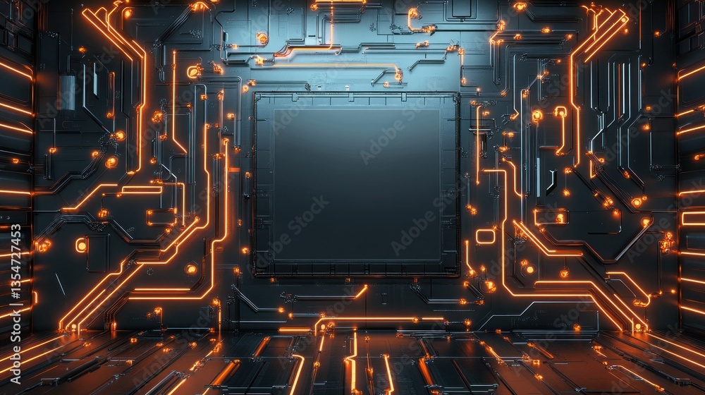 Poster high-tech metal walls are adorned with glowing neon circuits, intricate patterns background wallpape