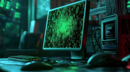 Glowing green data streams on a computer screen in a dimly lit room with retro tech.