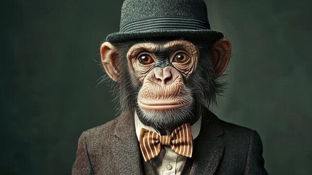 A sophisticated monkey in a hat and suit with a bow tie against a dark backdrop, showcasing a unique blend of playful and formal elements in an artistic portrait