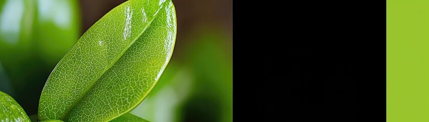 Close-up of green leaves on plant against abstract green & black background
