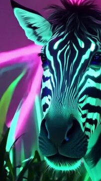 vertical 9:16 A sleek cybernetic zebra with glowing, holographic stripes prowls through a neon-lit jungle. The foliage around it pulsates with bioluminescent hues of electric blue and magenta