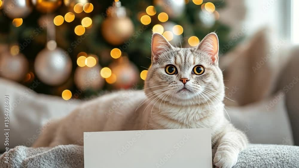 Poster cozy cat posing with blank sign in front of christmas tree with sparkling ornaments and warm holiday