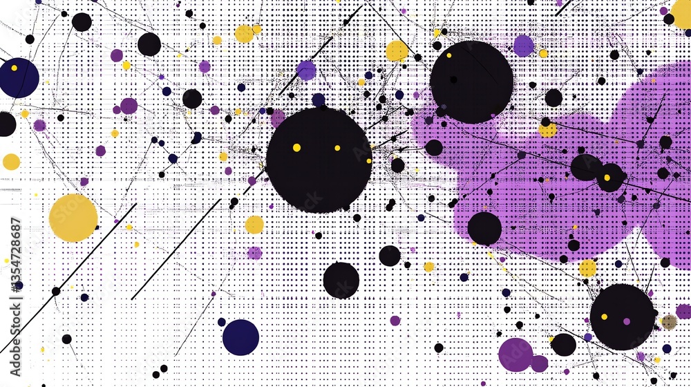 Poster abstract network design with dots and circles in purple and yellow