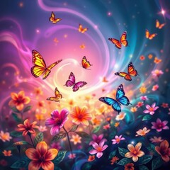 Swirling butterflies above abstract, glowing flora , delicate, lepidoptera
