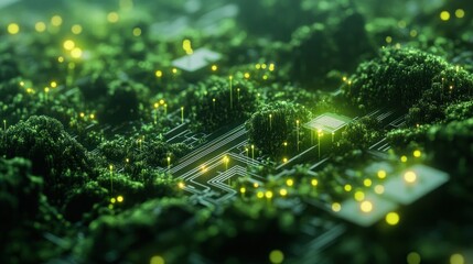 Mossy green background with winding glowing neon circuits wallpaper AI generated image