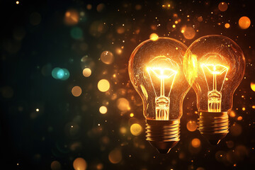 Bright light bulbs glowing with warm ambiance, surrounded by sparkling bokeh effects, create innovative and inspiring atmosphere