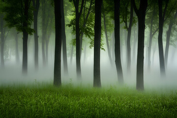 Fototapeta premium Serene misty forest scene with tall trees and lush green grass. Perfect for nature, tranquility, and environmental themes.