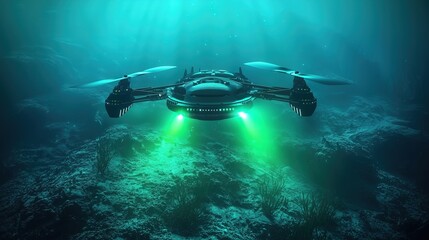 Underwater Drone Exploring Ocean Floor with Bright Green Lights Illuminating Seabed

