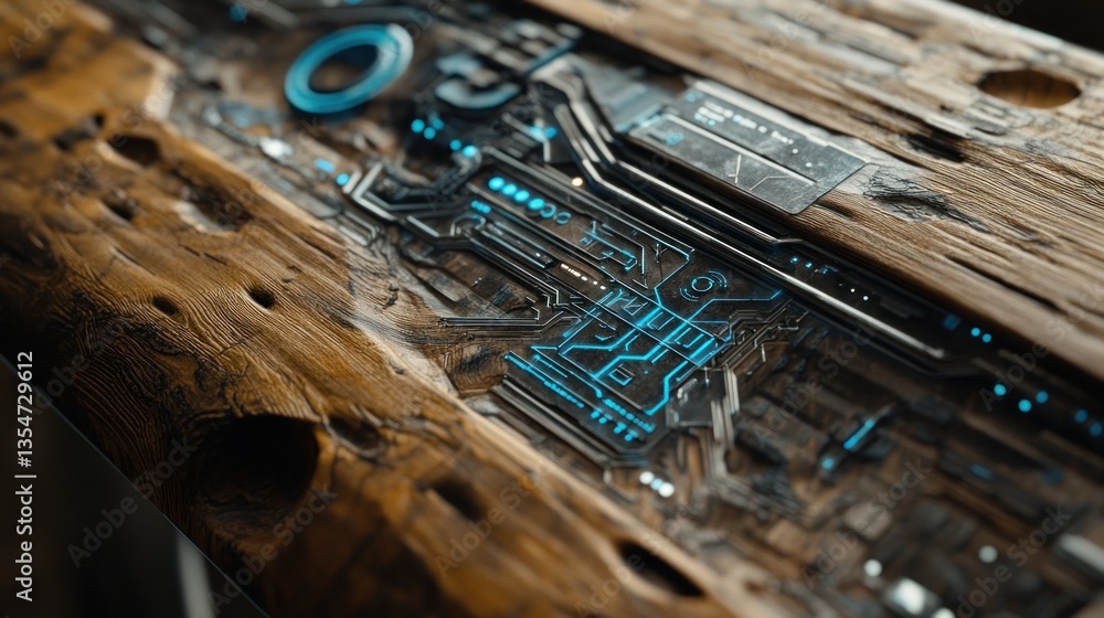 Poster futuristic wooden interface with embedded machine circuitry in natural blue and technology backgroun