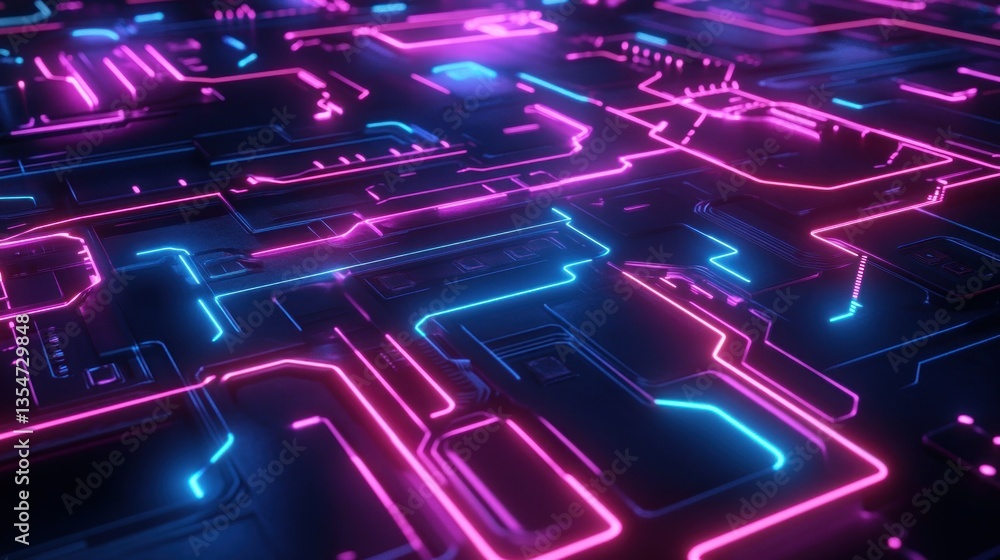 Poster high-tech metal walls are adorned with glowing neon circuits, intricate patterns background wallpape