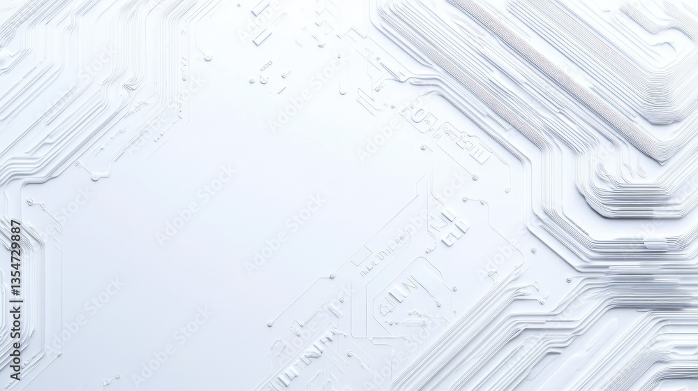 Poster a white design featuring circuit lines in an intricate pattern, with empty space for mockup or brand