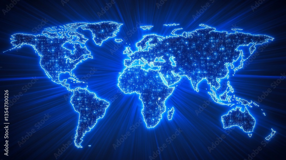 Poster global network: a world map illuminated by digital connections