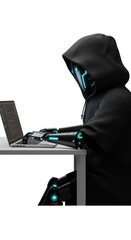 Futuristic robot working on a laptop in a clean white space