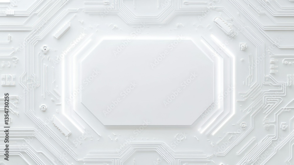 Poster a white design featuring circuit lines in an intricate pattern, with empty space for mockup or brand