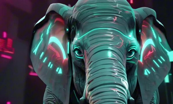 A sleek cybernetic elephant with glowing, holographic skin in a neon-lit jungle. The foliage around it pulsates with bioluminescent hues of electric blue and magenta