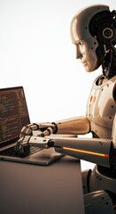 Futuristic robot working on a laptop in a clean white space
