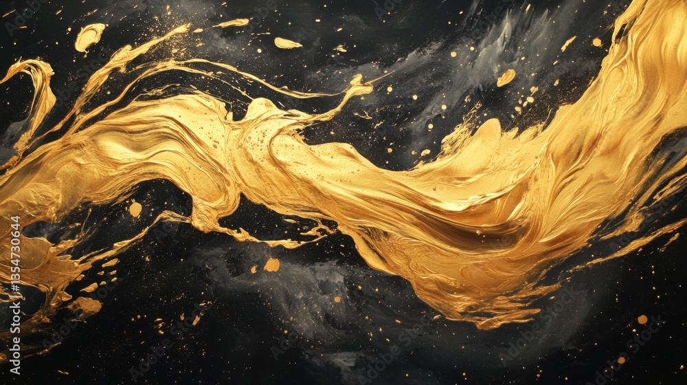 Poster dynamic abstract gold and black fluid art with flowing strokes and splashes