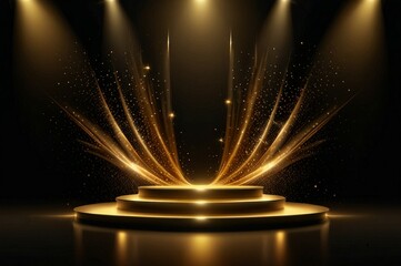 A luxurious event stage with multiple golden spotlights beaming down onto a polished wooden floor and black background
