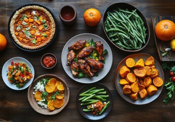 Autumnal Thanksgiving feast spread on a wooden table, featuring a variety of dishes including a pumpkin pie, roasted chicken wings, sweet potato slices, green beans, and a colorful salad