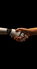 Clean style with robot and human hands shaking in unity, technology, artificial intelligence concept